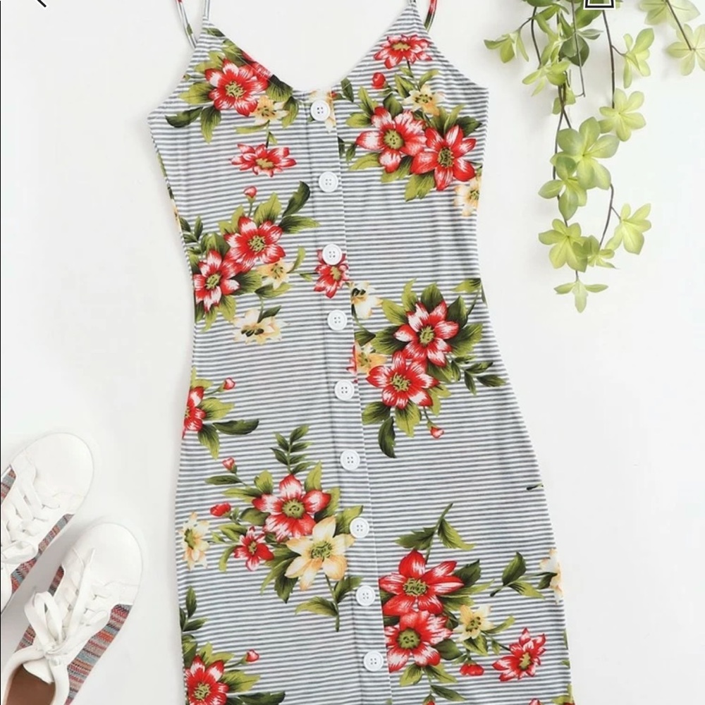Button front floral striped dress